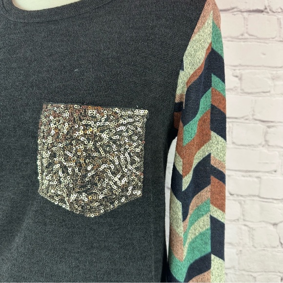 NWT boutique Chevron Sleeve knit sweater Top banded waist with Sequin Pocket - Picture 2 of 10